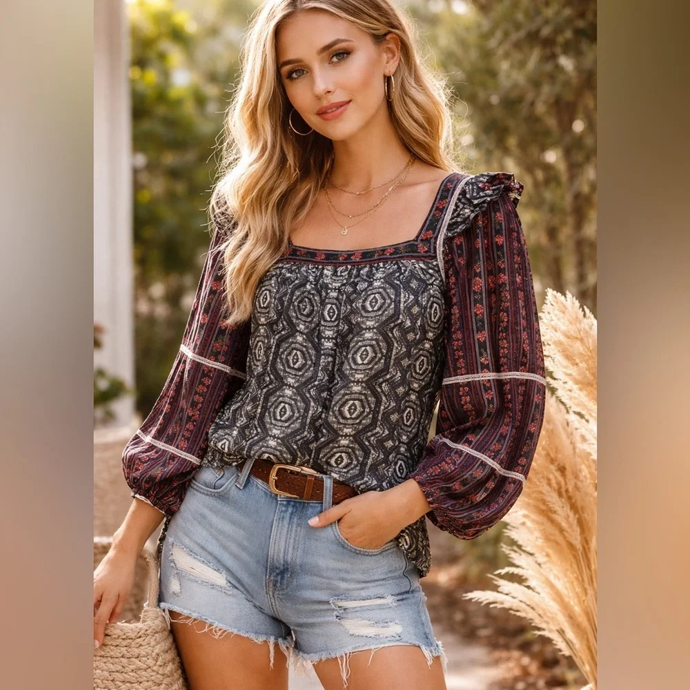 Free People Boho Puff Sleeve Mixed Print Blouse India Cotton S